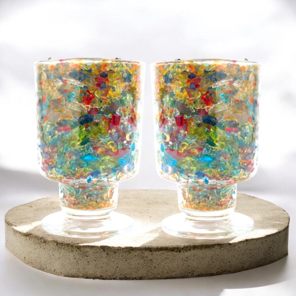 2 Vtg LE Smith Romance Tea Light Candle Holder MCM Mid Century Crushed Glass